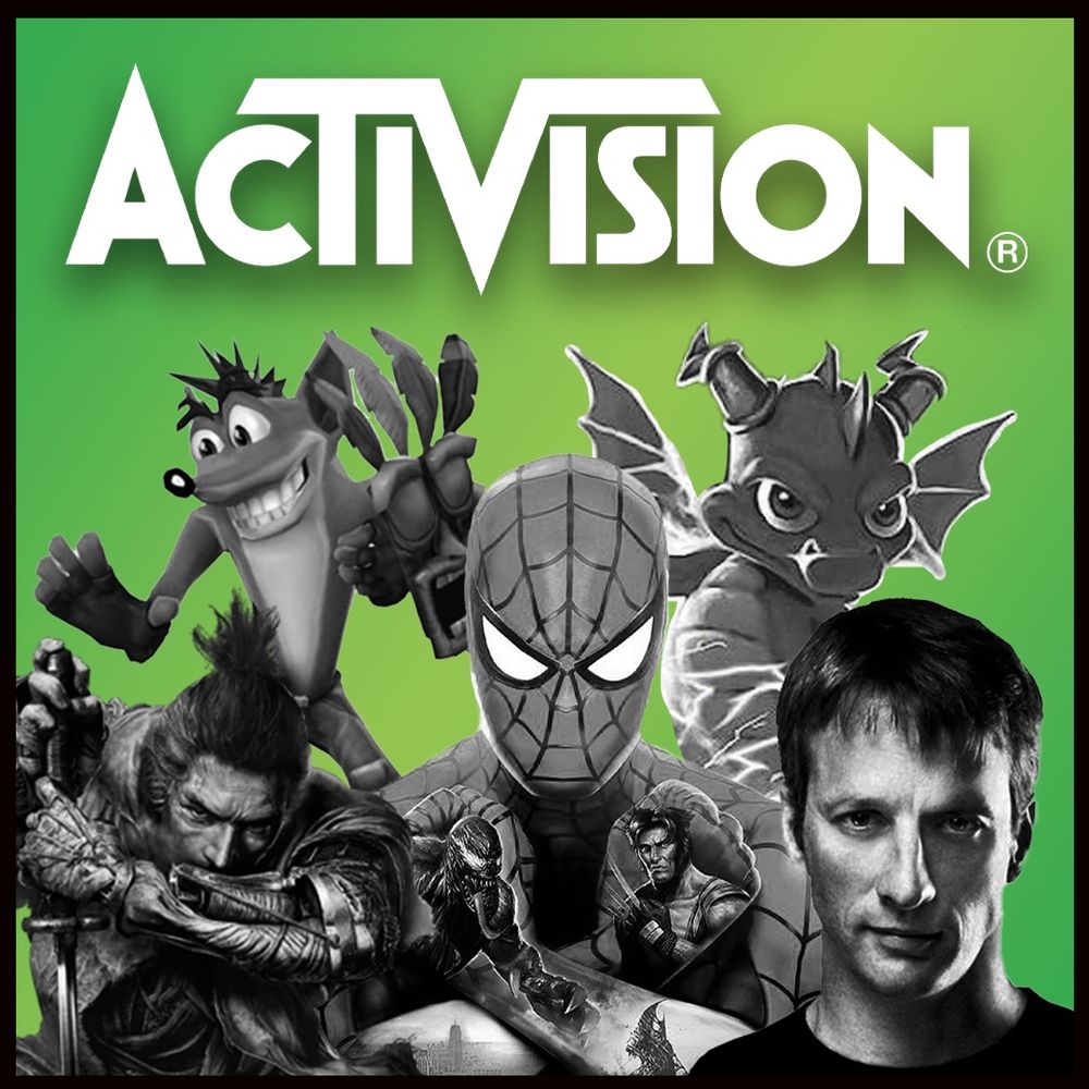 Green background with activism logo showing from left to right: crash bandicoot, spyro, Sekiro, Spider-Man, Tony Hawk