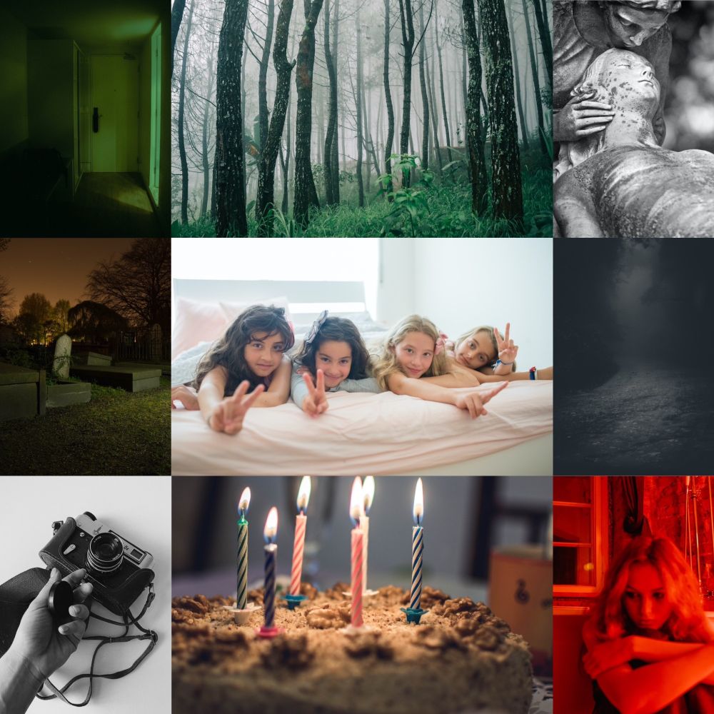 Upper left: Hallway with closed door and greenish light
Upper center: Forest with tall, thin trees in the mist
Upper right: Stone sculptures from cemetery with one kissing another’s head
Center left: Cemetery stones at night in orange-ish light
Center: Four Girls looking at the camera on a bed, making peace signs with their hands
Center right: Dark and shadowy road covered in mist
Lower left: Camera in black and white with a hand holding the lens cap
Lower center: Birthday cake with candles
Lower right: Blonde-haired girl sitting in a room with a red light and staring at the floor with a sad expression