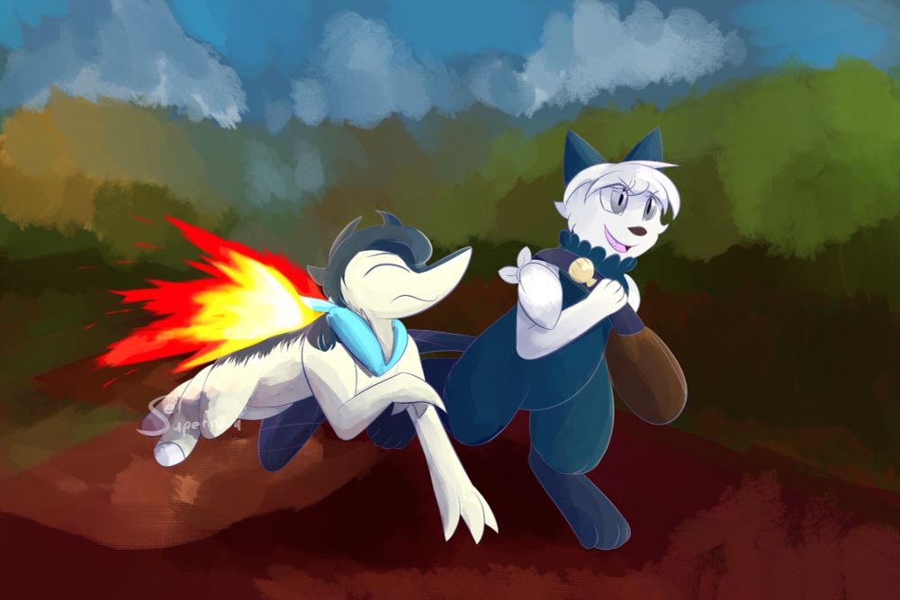 A quilava and an oshawott running along a road, the quilava looks concerned while the oshawott seems excited , the piece is painted in a sort of desaturated oil painterly style. 