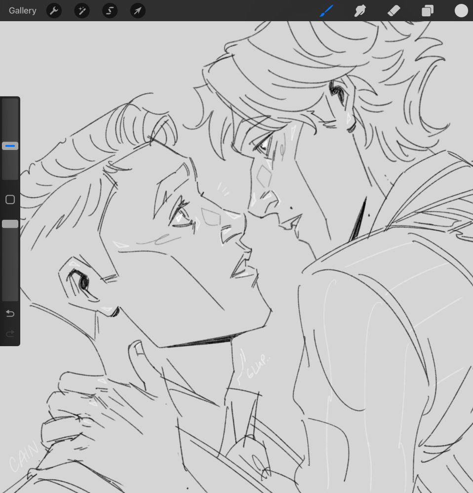 sketch wip of jayvik with jayce looking slightly stunned (glup…)