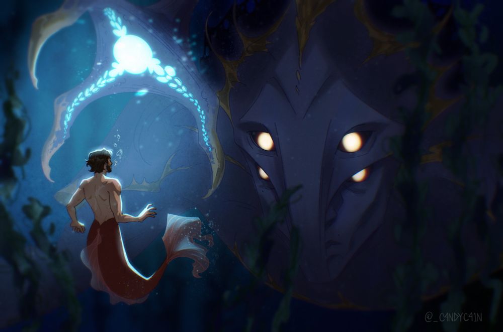 herald of the sea inspecting a lost little fish (merman Jayce) who is caught in the high beams of their glowing hexlure 🎣 
