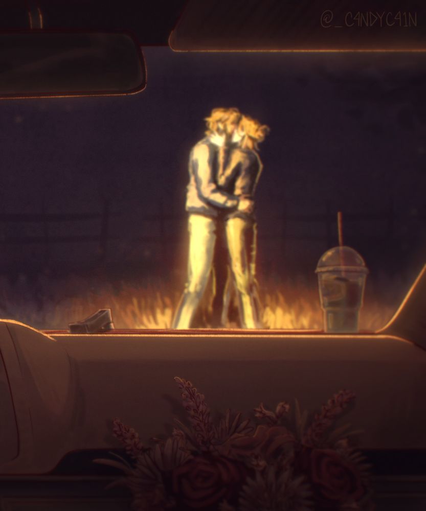 Jayce and Viktor standing in the light of the camaro’s headlights in the bg. Viktor’s cane and slurpee rest on the hood of the car, with a bouquet in the foreground.