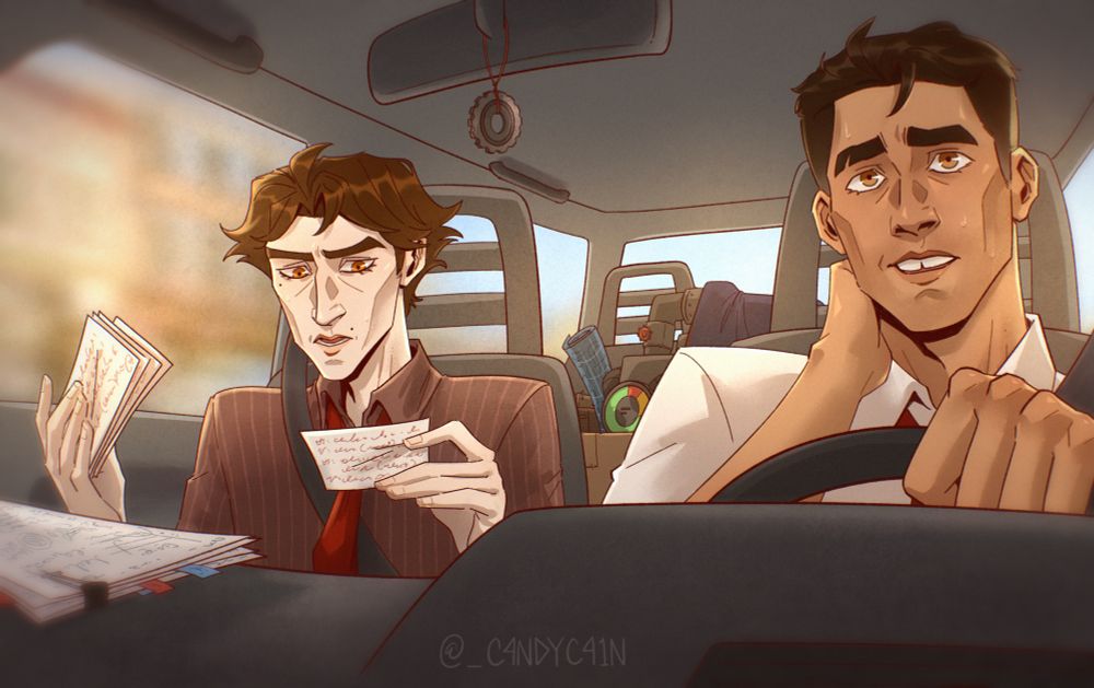 jayce and viktor driving to one of their science competitions and nervously going over their notes for the presentation 