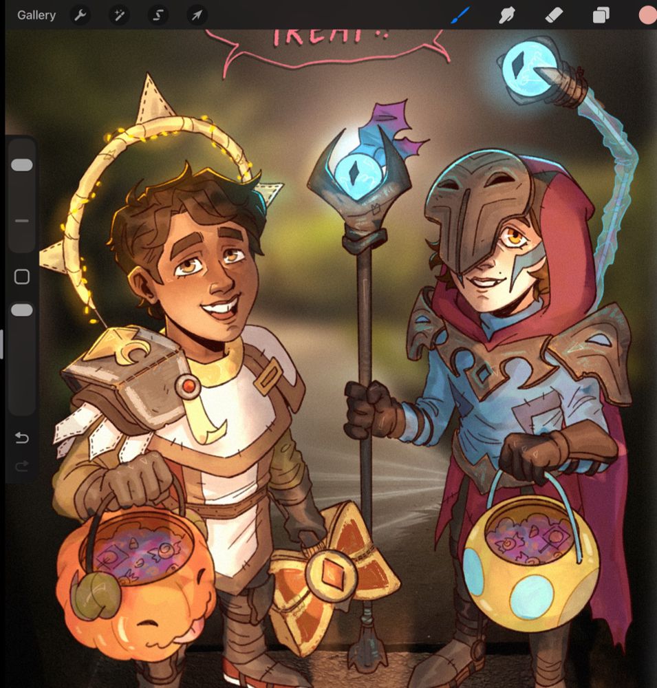 image 1: the two of them at the door trick or treating in their completed costumes. This year they decided to dress up as their dnd chars (brighthammer + deathsworn) 🥰
