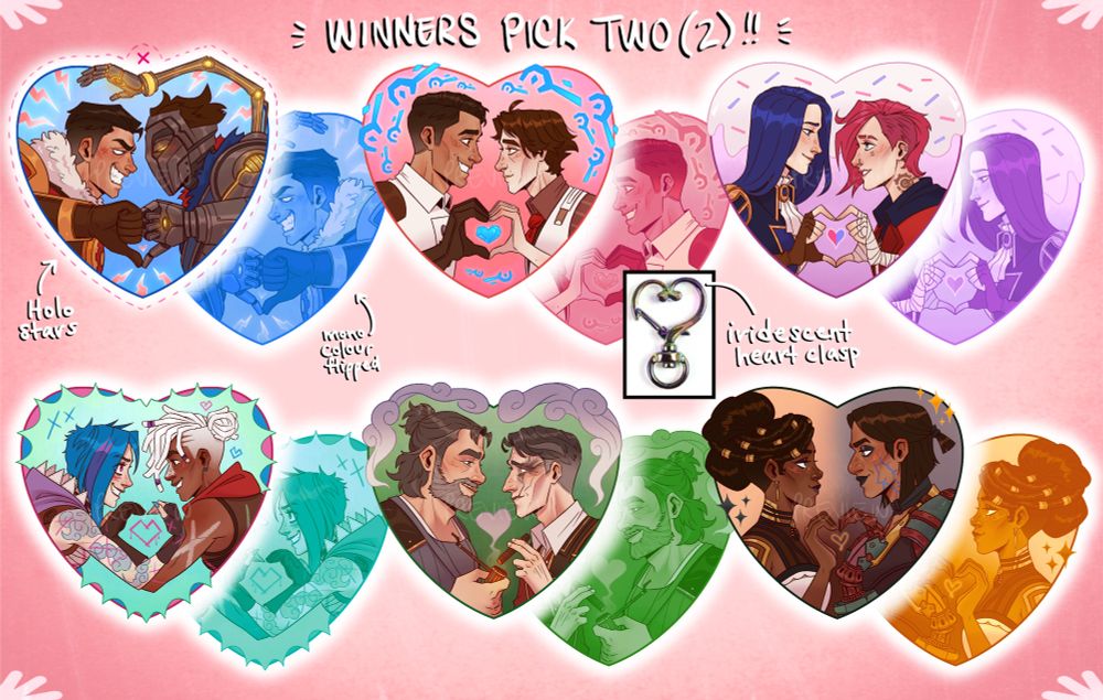 Text: WINNERS PICK TWO (2)!! Holo stars on the front of each charm, monochrome flipped design on the back of each charm, iridescent heart clasp for each charm