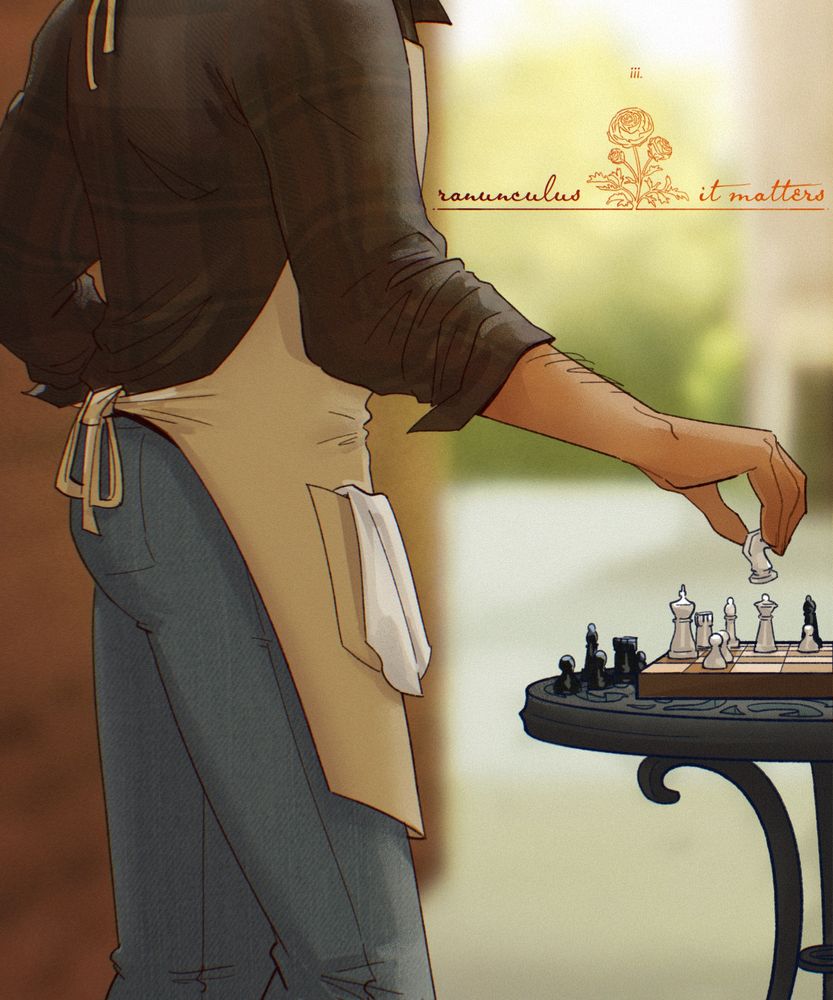 “ranunculus / it matters” florist jayce playing a game of chess in the morning