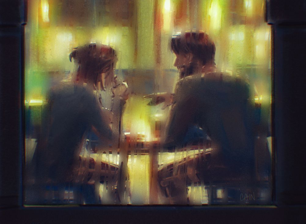 partially obscured figures of viktor and jayce having drinks behind a foggy window in an alternate universe somewhere