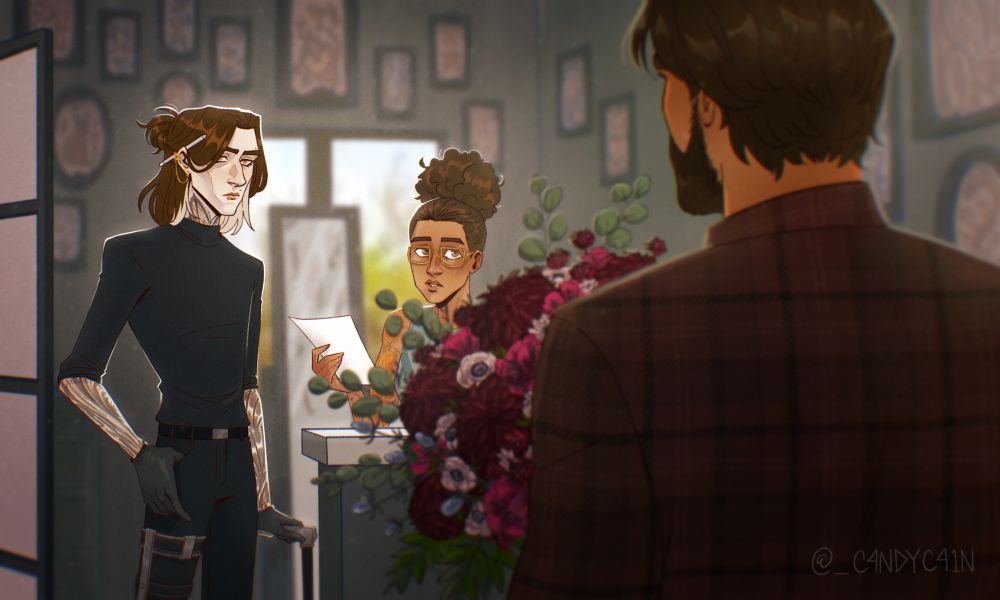 Tattoo artist Viktor next to Sky sitting at the receptionist desk, both looking over at Florist Jayce holding an arrangement of flowers. You can’t see his face but he’s gooped.