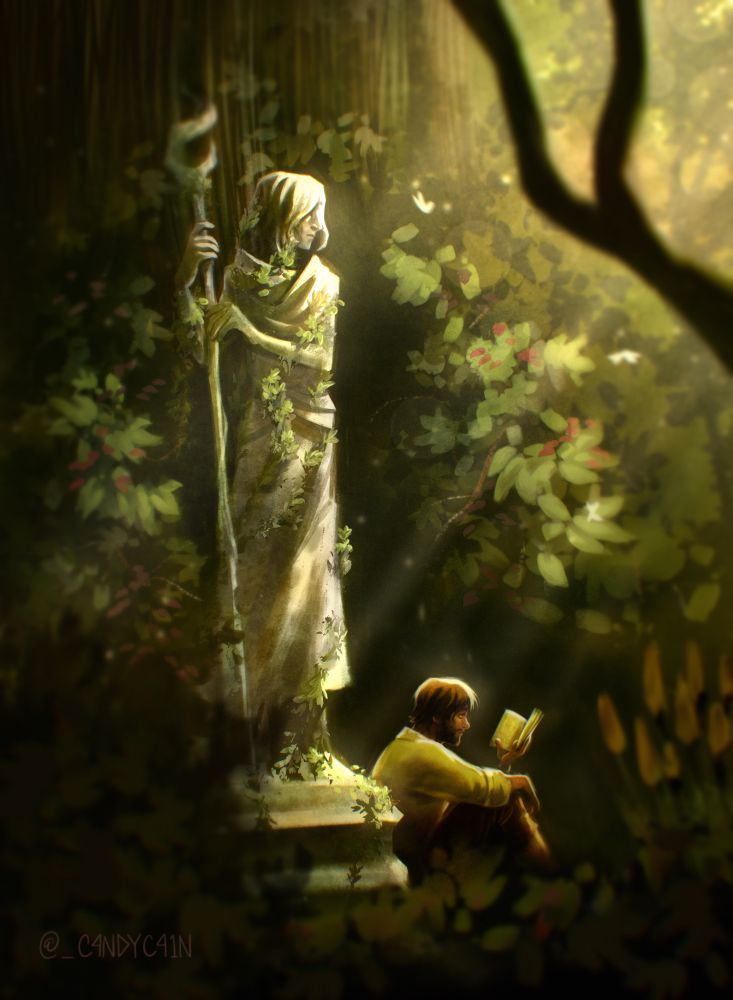 Jayce reading in a hidden garden, sitting under a grown over and crumbling statue of Viktor