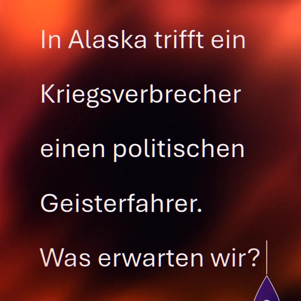 Weisse Schrift auf rotbraunen Hintergrund. 
Es steht:

In Alaska trifft ein

Kriegsverbrecher

einen politischen 

Geisterfahrer.

Was erwarten wir?