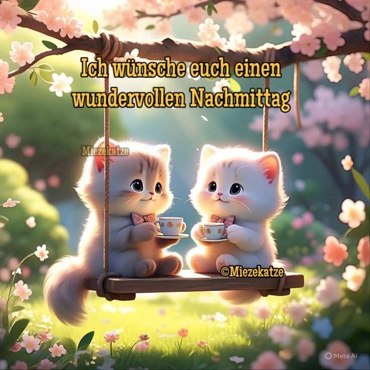 Ein Kl-Bild zeigt zwei hellfarbige Kätzchen auf einer Schaukel,  die an einem Ast eines Baumes mit vielen Blüten. Dazu steht:

Ich wünsche euch einen 
wundervollen Nachmittag 


@Miezekatze