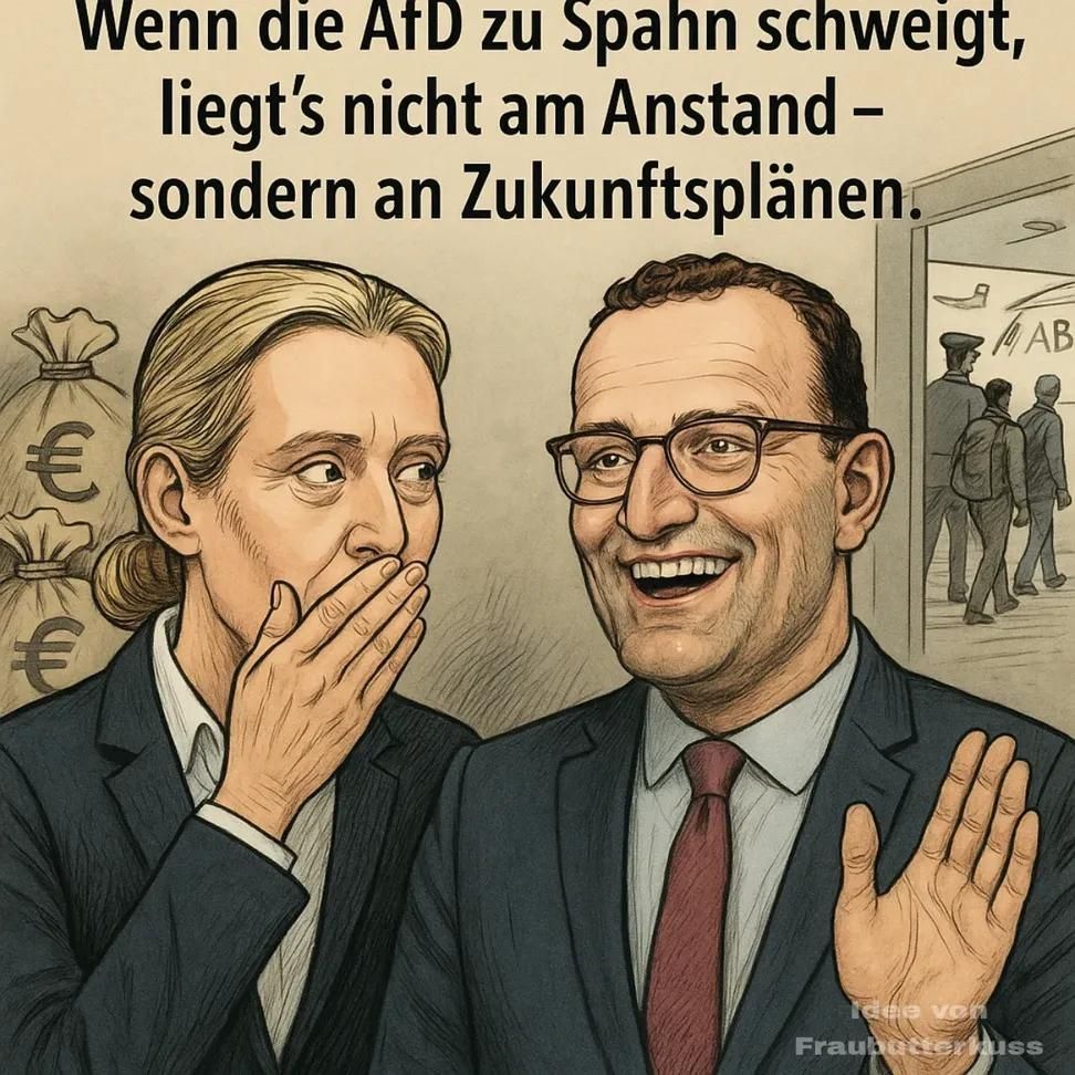 Ein Kl-Bild in Farbe zeigt rechts Jens Spahn mit lachenden Gesicht und erhobener linken Hand, links Alice Weidel, wie sie mit vor ihrem Mund gehaltener rechten Hand zu ihm spricht. Hinter den beiden stapeln sich Säcke mit € Zeichen. Dazu steht:

Wenn die AfD zu Spahn schweigt, 
liegt's nicht am Anstand -
sondern an Zukunftsplänen. 


(Idee von 
 Fraubutterkuss)