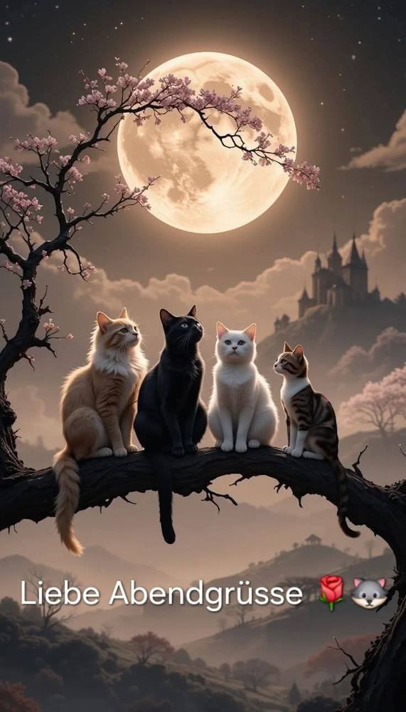 Ein Kl-Bild zeigt vier verschiedenfarbige Katzen auf einem Baumast bei Vollmond unter dem nächtlichen Sternenhimmel sitzen. Dazu steht:

Liebe Abendgrüsse