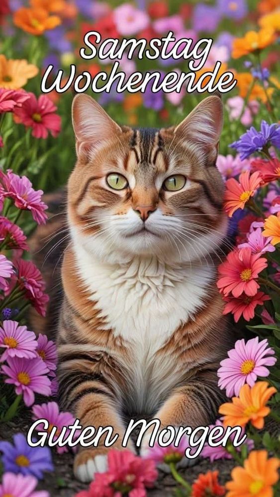 Ein Kl-Bild zeigt ein braungetigertes Kätzchen auf einer Blumenwiese. Dazu steht:

Samstag 
Wochenende 

Guten Morgen 