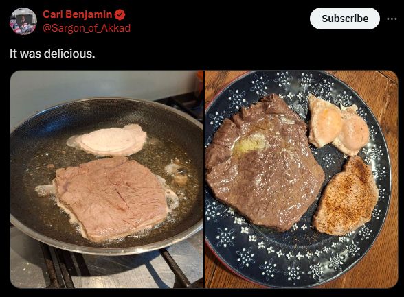 Sargon of Akkad boiling steak and an egg in butter to a healthy leathery grey, plated like only the saddest bachelor could