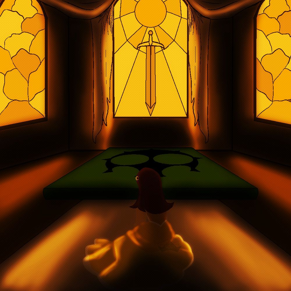 My OC Helen waking up in a golden room with matching stained glass windows, one has a sun and a sword pointing down to a death bed with the symbol of 'Doom on it'. We do not see Helen's Face but she is facing forward at it. 