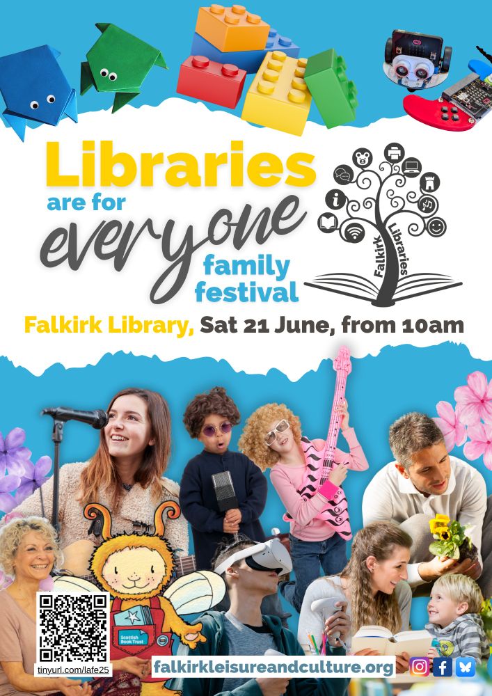 Libraries are for Everyone family festival

Poster with blue background showing people involved in a variety of activities - yoga, singing and playing guitar, planting, wearing VR goggles, two children are dressed up holding inflatable musical instruments, a mum and her son are smiling at each other as they read a book together.