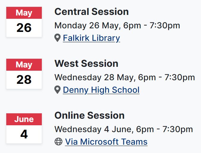 Central Session Monday 26 May 6-7.30pm Falkirk Library
West Sessions Wednesday 28 May 6-7.30pm Denny Library
Online Session Wednesday 4 June 6-7.30pm on Teams