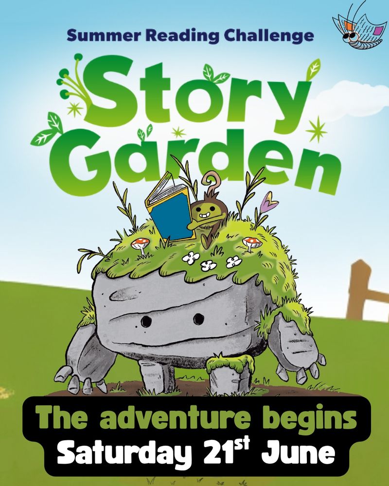 Image shows a boulder with arms and legs and eyes. It has moss growing on the top of it and small creature that looks like a bulb is reading a book. Caption reads Story Garden. The adventure begins Saturday 21st June