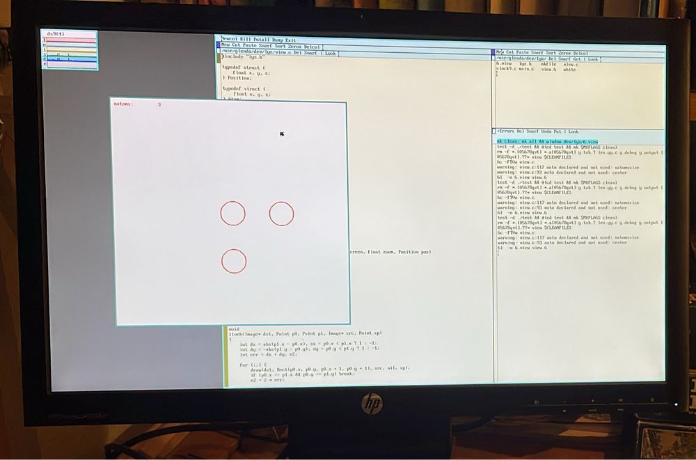 Actual picture of a screen, shows a very early stage, rudimentary molecular structure viewer for plan 9