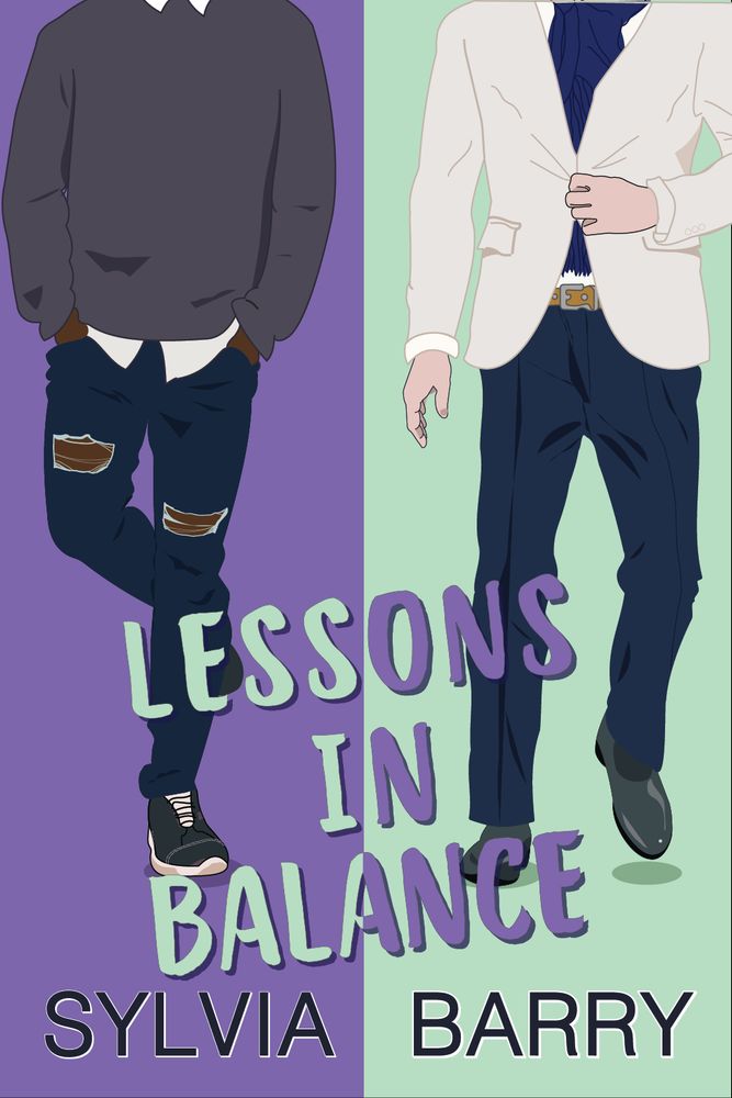 Lessons in Balance by Author Sylvia Barry - a purple and green cover featuring two well-dressed men.