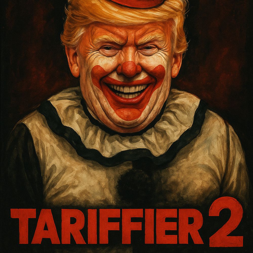 AI-image of a satirical movie poster featuring Pedo as the killer clown from the Terrifier franchise with the movie title "Tarrifier 2"