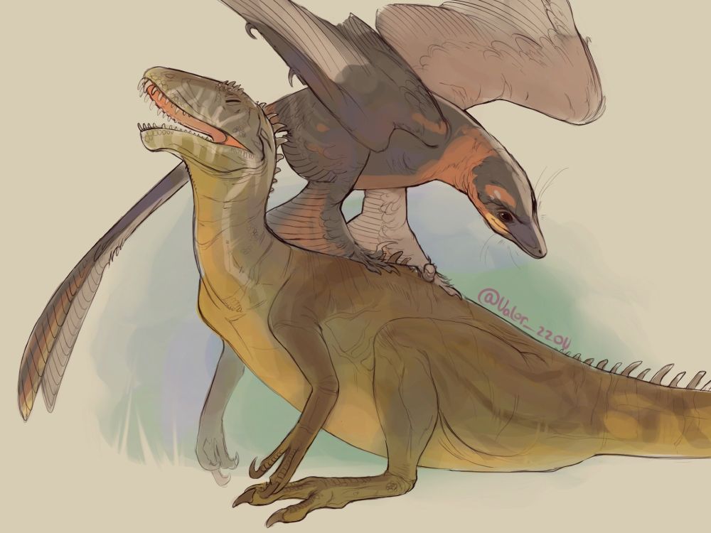 Coloured sketch of a microraptor (Ishiro) standing on the back of adult masiakasaurus (Koga) 