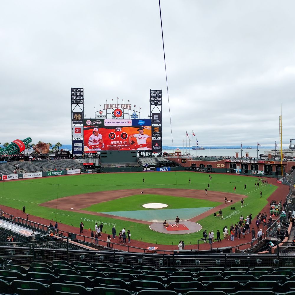 A view from the Club Level at Oracle Park in San Francisco. The San Diego Padres are warming up on the field.