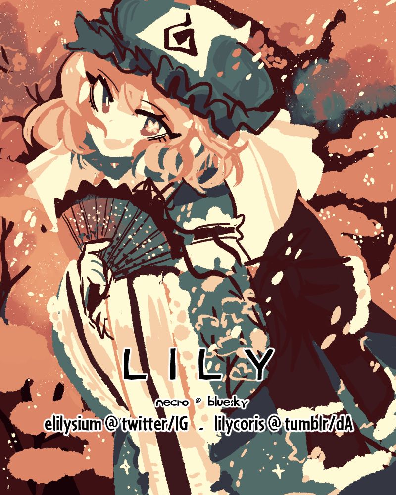 yuyuko is holding a fan against a cherry blossom tree bg . one butterfly shaped pupil 