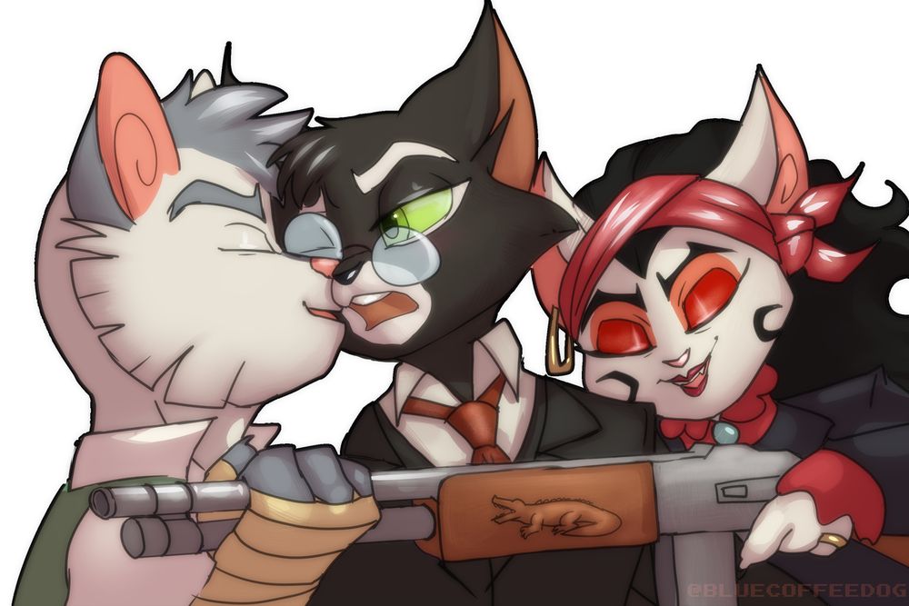 Nico, Mordecai, and Serafine from Lackadaisy reenacting the Anne Hathaway 12th Night Promo picture. 