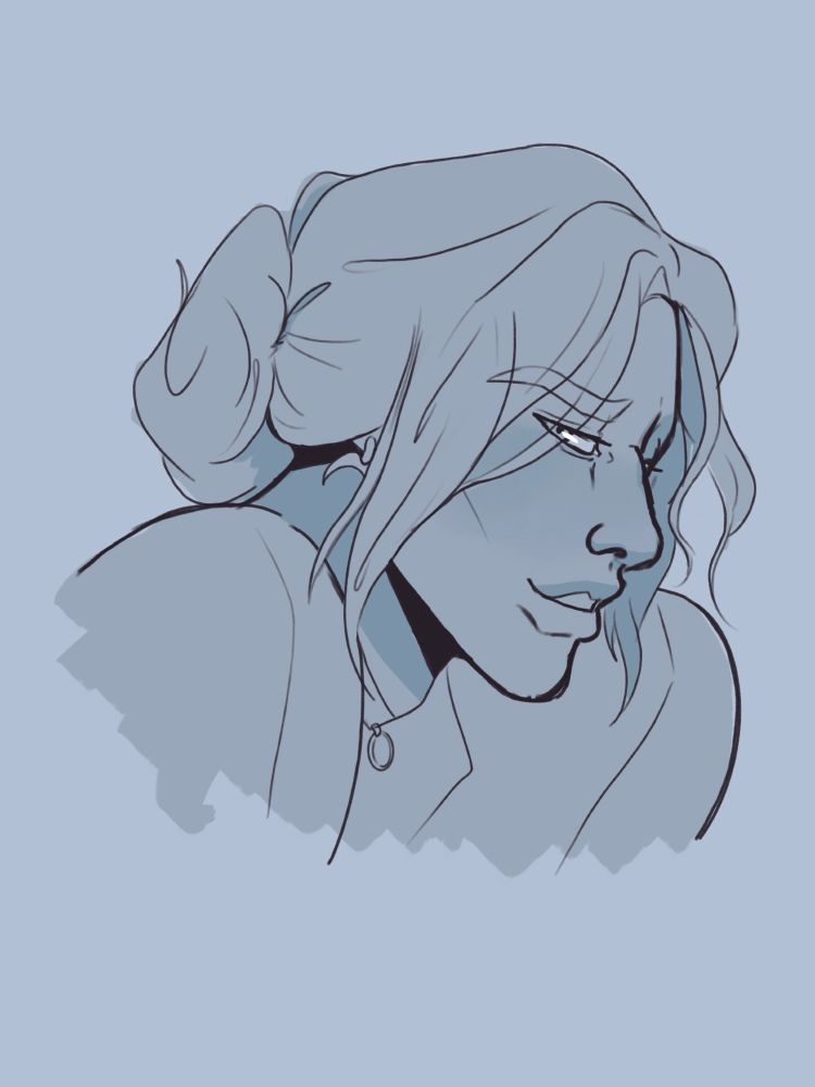 A monochrome blue sketch of a man with his shoulders curled forward, looking at the viewer from the corner of his eye with a sly smile on his face. His hair is tied back in a low, messy bun, and strands are falling to cover his eyes a bit.