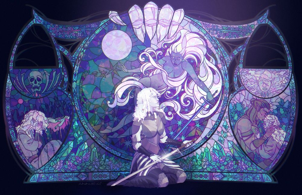 A detailed, complex illustration depicting a woman kneeling before a stained glass tableau.

Ilphiira, a drow woman with pale purple skin and curly white hair, sits with the sword Phalar Aluve resting in her lap. She wears black and white armor denoting her status as a cleric of Kelemvor. Her gaze is wistful and contemplative. 

Behind her, stained glass art wrought in deep hues of green and purple depicts the duality of Ilphiira’s life and beliefs. To the left, the tragic scene of a devastated Ilphiira crying before the silhouette of her dead father. A skull and bones hangs above. To the right, a warm and redeeming embrace between Ilphiira and Halsin; the two hold each other reverently as Halsin kisses Ilphiira's bowed forehead. In the center, the dancing goddess Eilistraee swirls behind Ilphiira, a guiding presence always watching over her. She is accompanied by the skeletal hand of Kelemvor, emerging from behind the entire glass facade to hold them all aloft with a firm grip.
