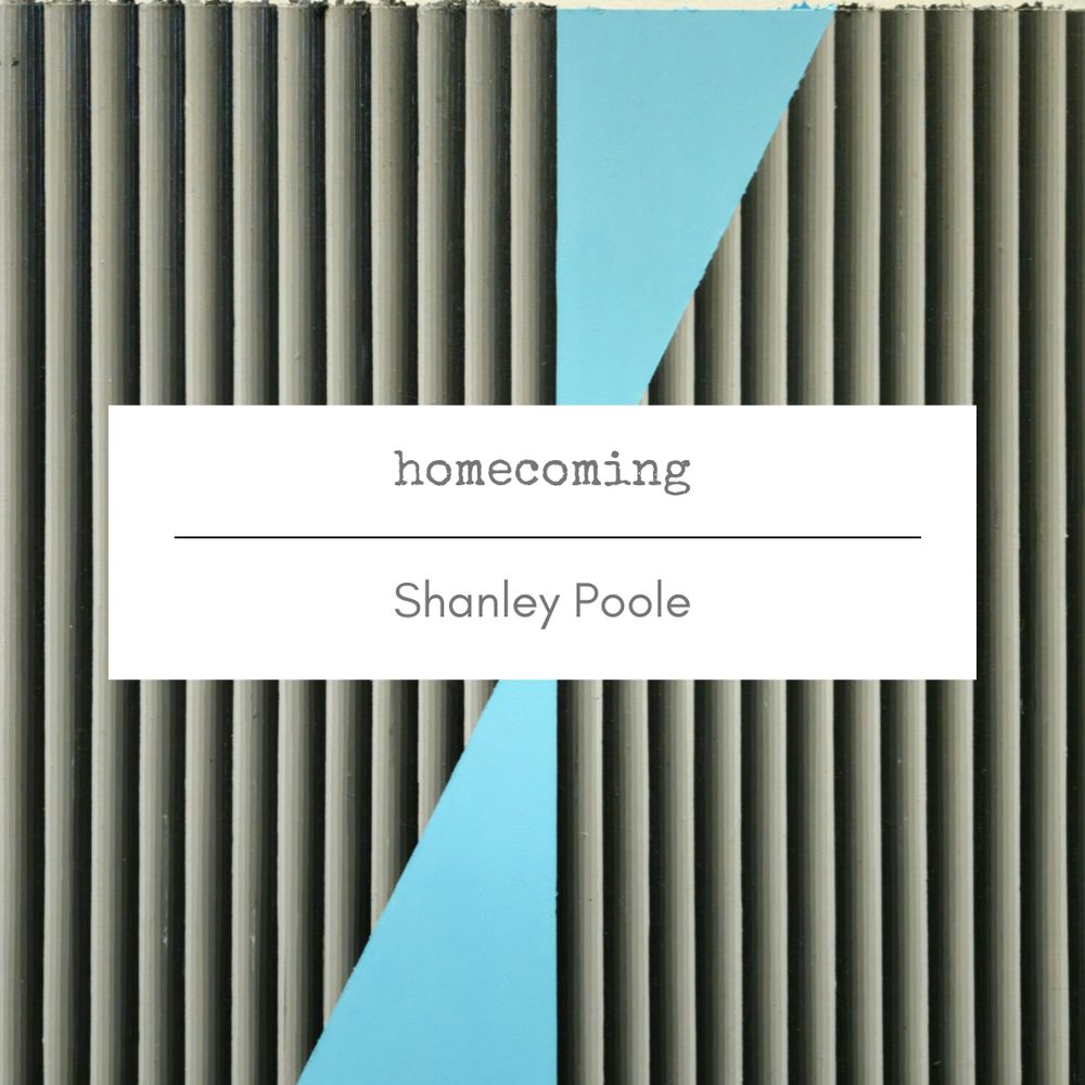 Painting with strong vertical lines and two light blue triangles with a title card: “Homecoming” by Shanley Poole