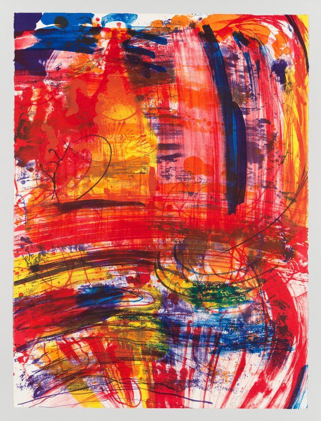 Abstract lithograph, primarily in red with yellow and blue accents