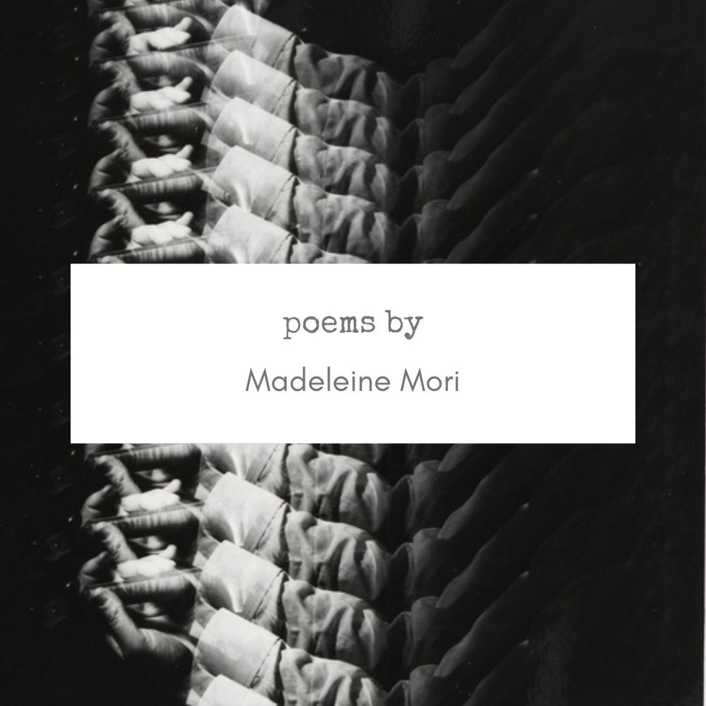 Black and white silver print with a repeating image of a man’s arm holding a violin, with a title card: poems by Madeleine Mori
