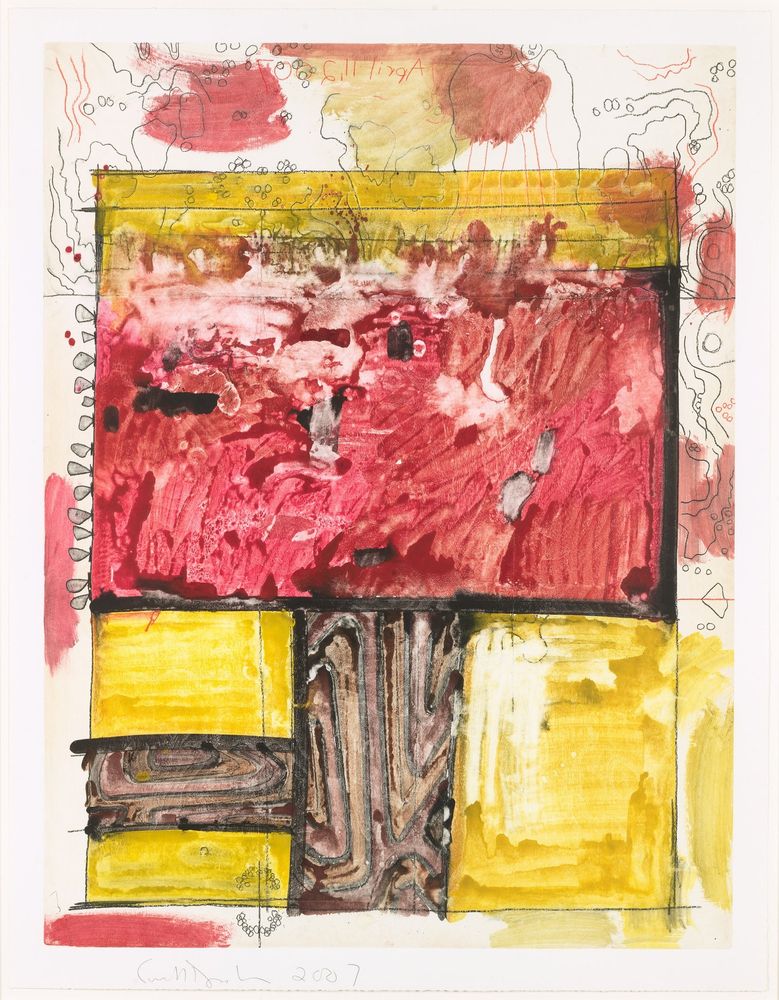Abstract monotype sheet with some squares in yellow, red, and a textured brown