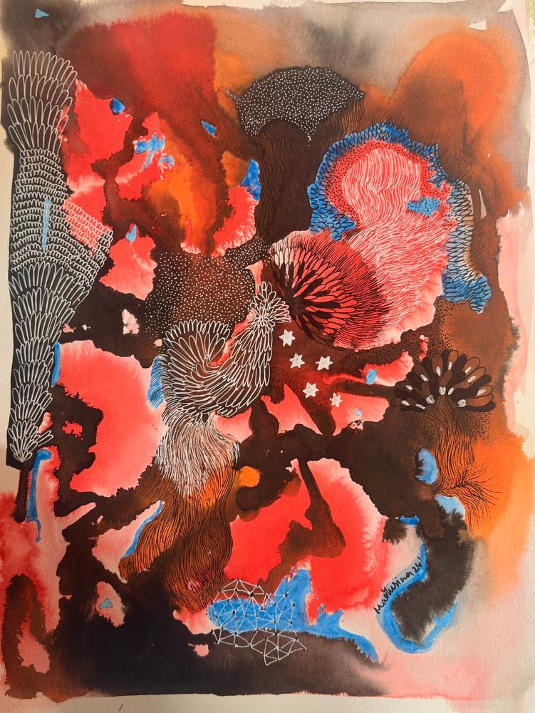 Red and brown watercolor with white ink on top
