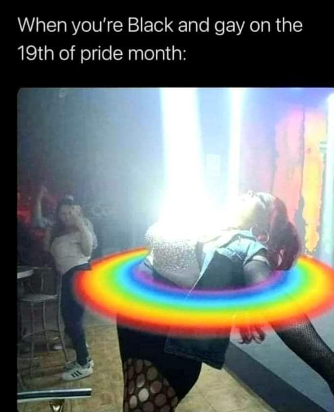 Woman leaning back with light bursting from her chest with a rainbow ring around her.

Text: When you're Black and gay on the 19th of pride month 