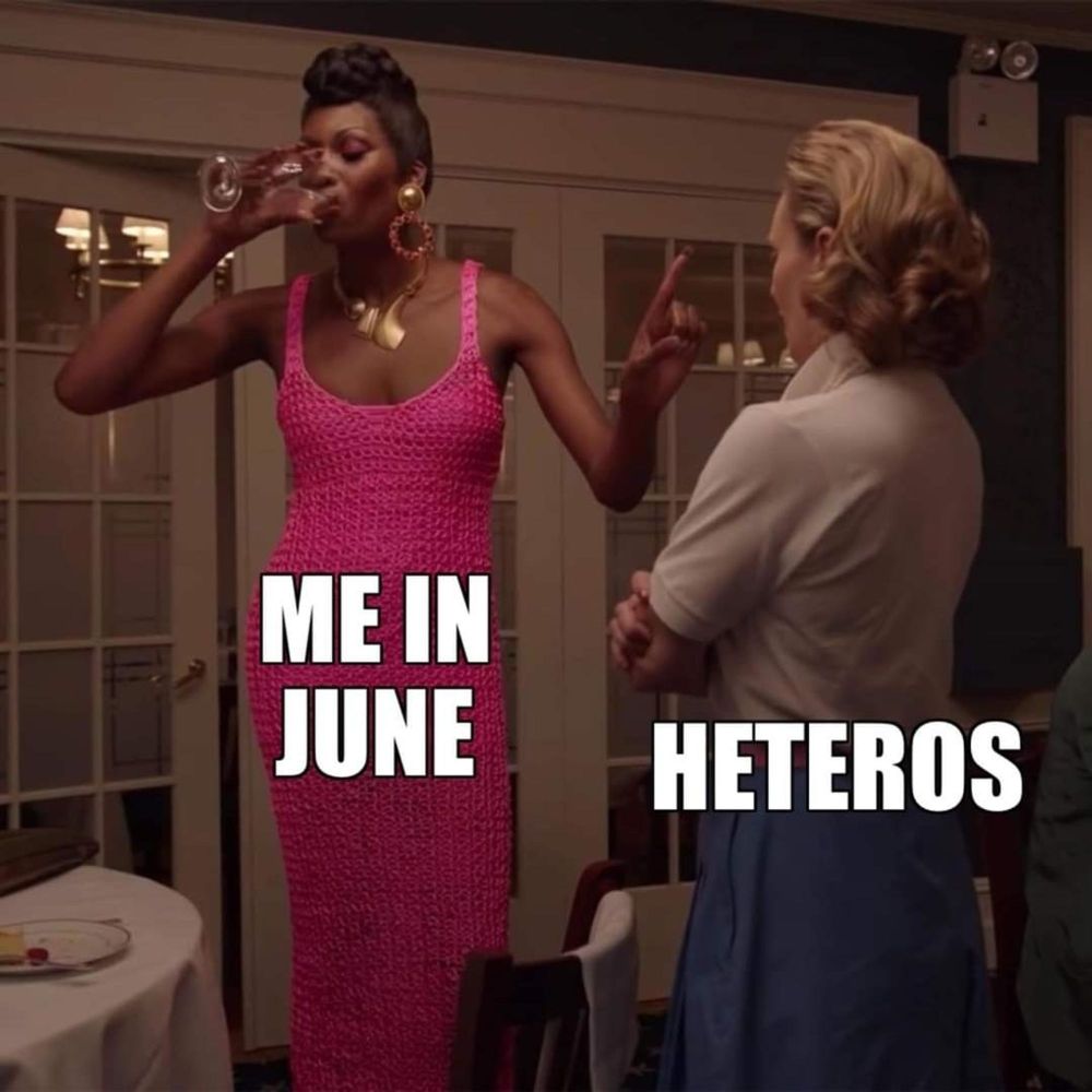 Meme of 2 women from the show Pose. One with the text, "Me in June" and the other with "Heteros" 