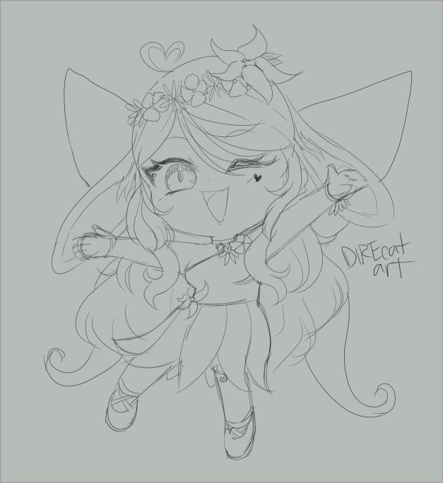 A chibi sketch of Bri's first fairy model, winking and smiling while demonstrating her ability to move her legs in a motion she called "steppies"