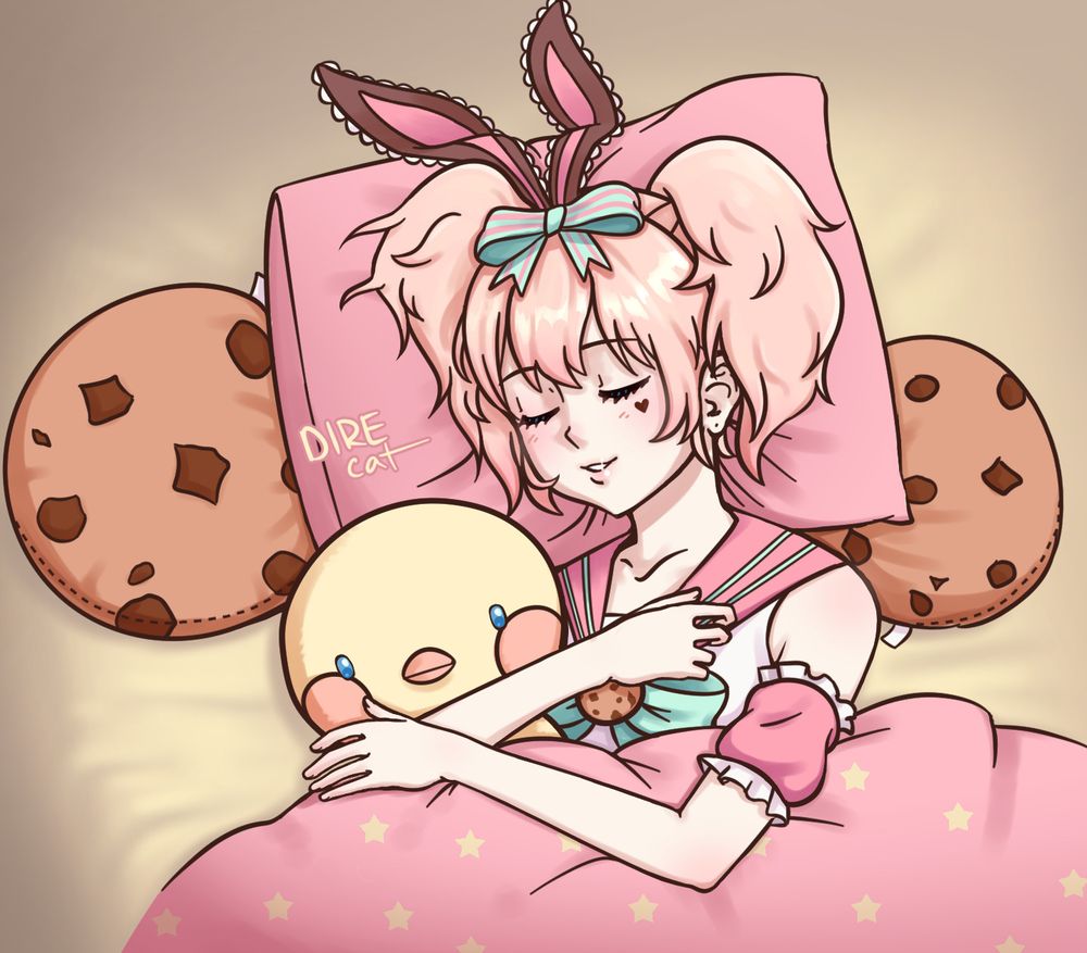 A drawing of streamer BriatCookiebox, a bunny girl with pigtails, asleep in a cozy pink and yellow bed with cookie-themed pillows. She's holding a duck plushie.