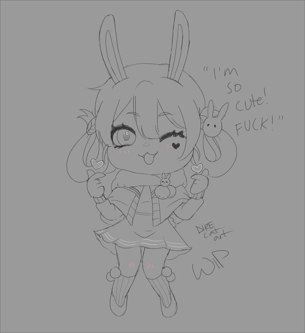 A chibi sketch of Bri's winter model, demonstrating her ability to make two heart shapes with the thumb and forefinger of each of her hands. She's winking and exclaiming "I'm so cute! FUCK!"