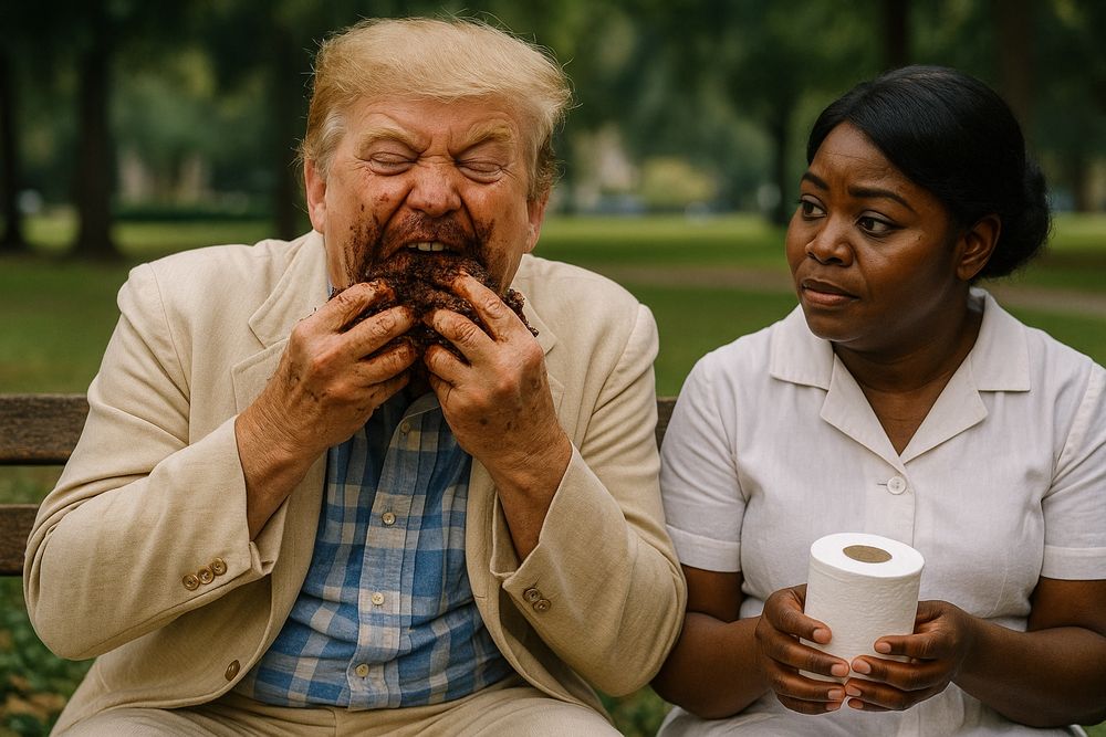 Donald Gump enjoying intensely a chocolate pie that was baked extra special for him by none other than Miss Minny Jackson. Who sat by with a roll of toilet paper while Donald consumed or rather ravaged the pie like he hadn’t ate in months. Get in there Donald. Life is like a Minny pie. You just never know what you’re gonna get. 