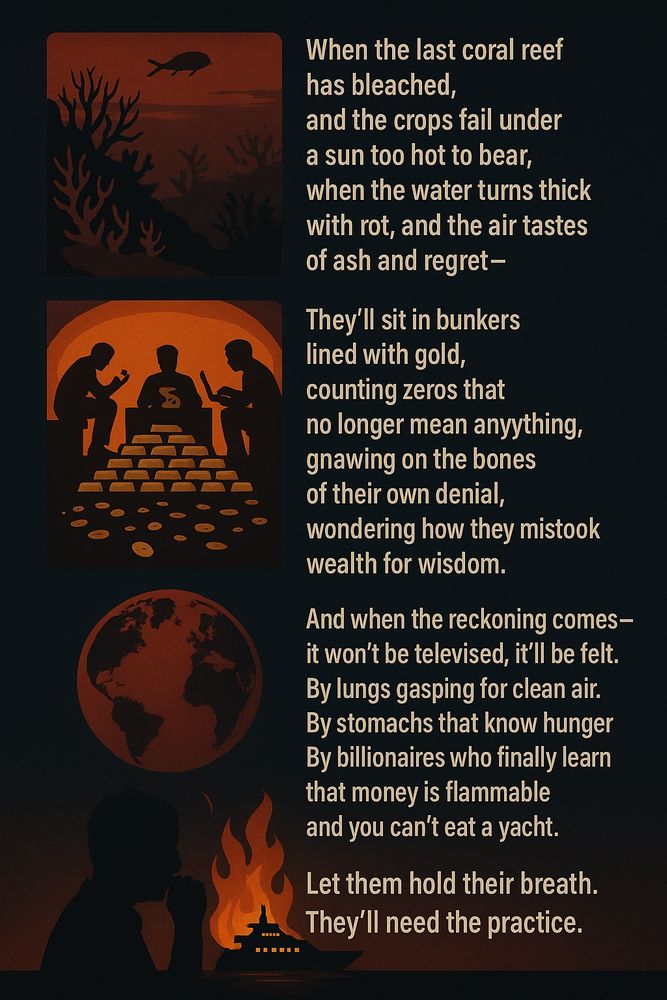 A solitary billionaire in a sleek bunker counts gold bars while looking out a reinforced window at the ruined world. The bold text reads:

“When the last coral reef has bleached,
and the crops fail under a sun too hot to bear,
when the water turns thick with rot,
and the air tastes of ash and regret—

They’ll sit in bunkers lined with gold,
counting zeros that no longer mean anything,
gnawing on the bones of their own denial,
wondering how they mistook wealth for wisdom.

Because the Earth doesn’t care about profit margins.
She doesn’t bend to stock portfolios or tax havens.
She doesn’t negotiate with narcissists.

And when the reckoning comes—
it won’t be televised, it’ll be felt.
By lungs gasping for clean air.
By stomachs that know hunger.
By billionaires who finally learn
that money is flammable
and you can’t eat a yacht.

Let them hold their breath.
They’ll need the practice.”