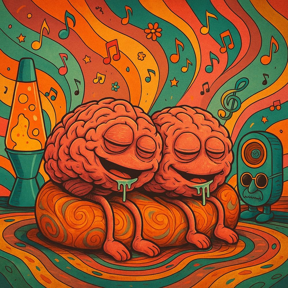 A psychedelic-style cartoon illustration of two anthropomorphic brains lounging on a vibrant orange and red swirled cushion. Both brains are smiling with drool dripping from their mouths, eyes half-closed in bliss. They’re surrounded by colorful musical notes, wavy rainbow patterns, and a lava lamp. A retro speaker with sunglasses and a mustache stands nearby, adding to the surreal, laid-back atmosphere.