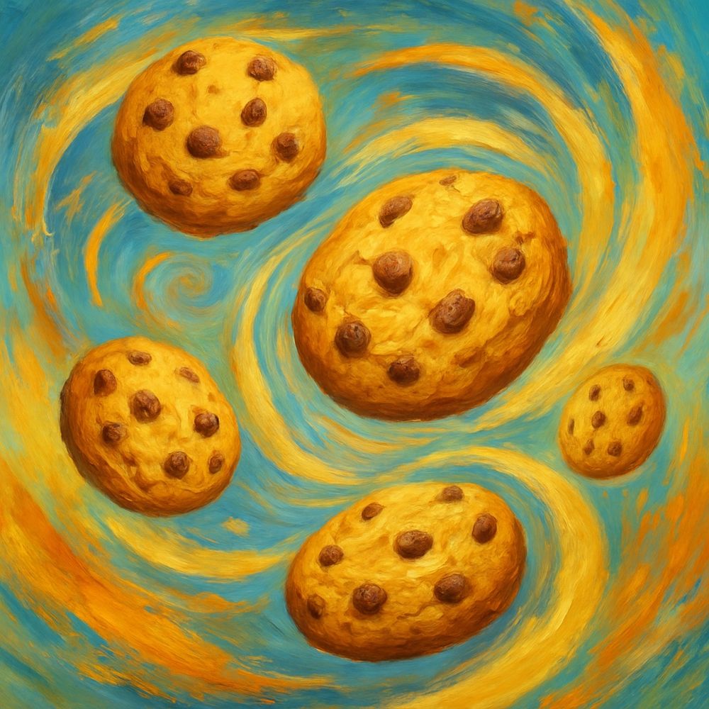 A whimsical digital illustration of oatmeal raisin cookies swirling in a dreamy spiral, surrounded by playful, colorful swirls and abstract shapes, giving the impression of cookies mischievously floating in a magical con job.