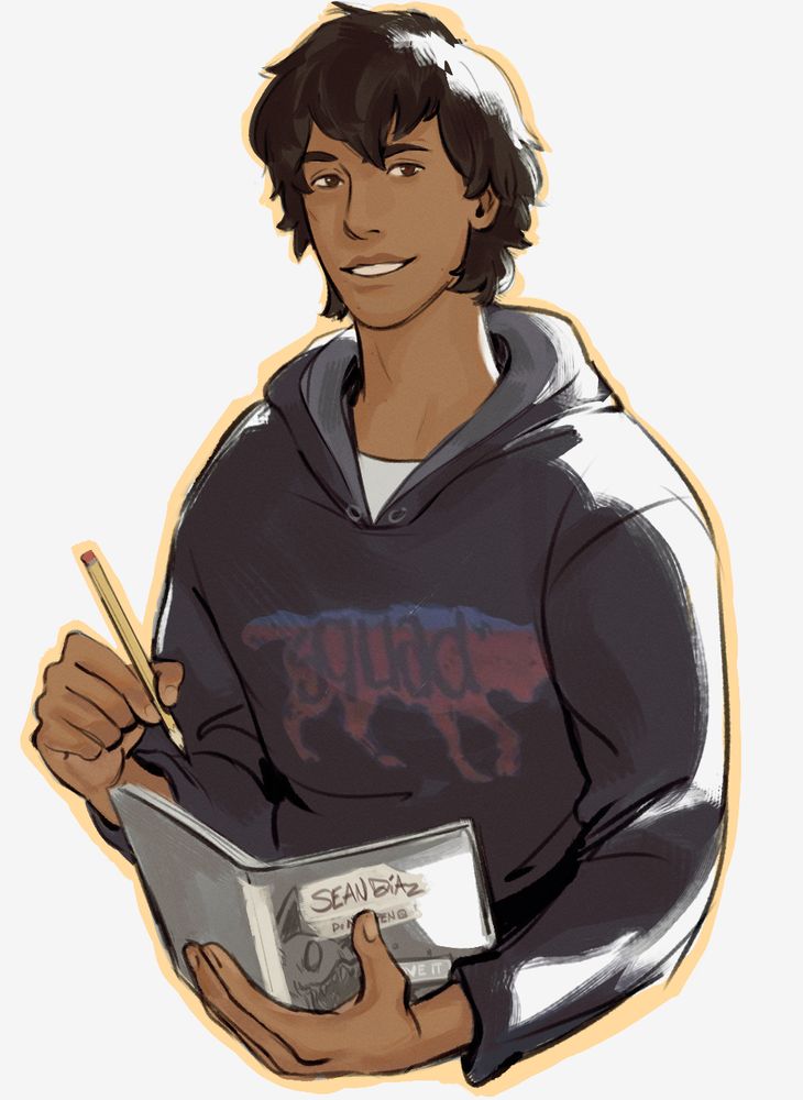 a half body coloring of a smiling sean diaz from lis2 sporting his longer, unruly hair from episode 3, wearing his signature wolf squad hoodie, and holding his sketchbook with a pencil