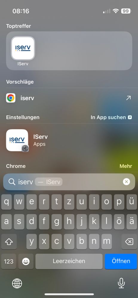 Bildschirm runterziehen für Suche „IServ“ in Suchfeld eingeben. „Apps“ wählen! 