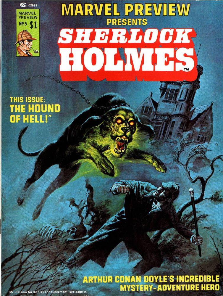 Cover of MARVEL PREVIEW 5 featuring Marvel's adaptation of "Hound of the baskervilles" and showing Sherlock Holmes attacked by the ghostly hound with the manor looming in the background.