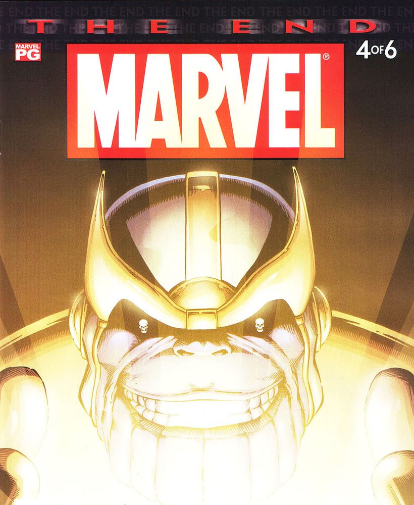 Cover of "Marvel: The End" 4/6 with a glowing face of Thanos with skull pupils. Art by Jim Starlin and Al Milgrom.